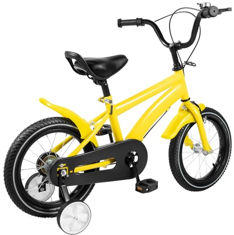 WSIKGHU Uppgraderad barncykel, 14 tums cykel för 3–7 år, pojkar och flickor med stödhjul, höjdjusterbar, mycket stabil cykel med stänkskydd, EU-stav