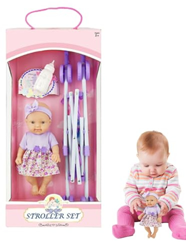 Passeggino per bambole - Set da gioco realistico per passeggino giocattolo da 10, design adorabile pieghevole e pieghevole, girello portatile con biberon accessorio | Giocattolo per il gioco, diverte