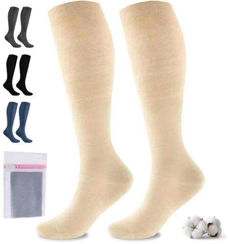 Niofind Compression Socks for Women & Men, 15–20mmHg, Knee High | Breathable cotton-blend support socks with seamless toe, reinforced heel and toe, cuff and laundry bag; for work or travel