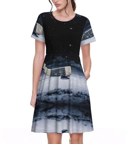 ASFgda Vestido de verano casual de manga corta con cuello redondo para mujer, estampado de palos de hockey con bolsillos, longitud a la rodilla, Negro, S