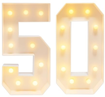 Goddlgjik Número LED iluminado, Happy Birthday Led con bombillas y caja de pilas, 100 cm números de cumpleaños, 2000-3000 K, para graduaciones, cumpleaños, fiestas, decoración de bodas (50)