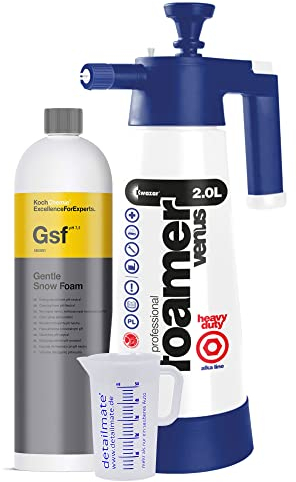 detailmate Vorreinungs Set: Koch Chemie GSF Gentle Snow Foam 1 Liter, Reinigungsschaum - Shampoo - Insektenlöser, Kwazar Super Foamer Alkaline für alkalische Substanzen + skalierter Messbecher 50 ml