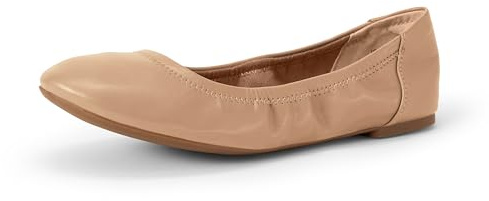 Amazon Essentials Women's Comfortable Round Toe Ballet Flats, Cushioned Memory Foam, Beige, 11 Wide