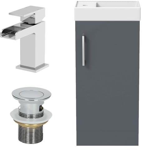 AURORA® 400mm Bathroom Vanity Unit Ceramic Wash Sink Floorstanding Storage Cabinet Reversible Soft Close Cupboard & Chrome Waterfall Basin Mixer Tap & Waste Set, Grey Gloss
