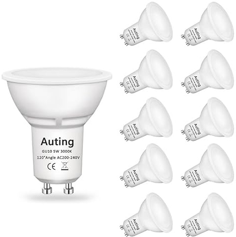 Auting Bombilla Led GU10 Blanco Cálido (3000K), 5W 400 Lúmenes Led GU10 Reemplazo de Bombillas Halogenos 35W, ángulo de haz de 120 °, CRI> 82, 220-240VAC, 10 piezas