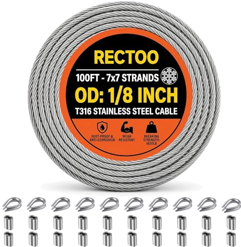 RECTOO 100FT 1/8 T316 Stainless Steel Cable with Cutter, 7x7 Strands Aircraft Wire Rope for Deck Railing, Stair Handrail, Porch Fence, High Strength for Indoor and Outdoor Use
