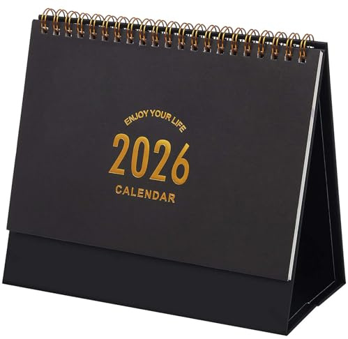 Small Desk Calendar 2026, Standing Flip Desktop Calendar from January 2026 to June 2027 - Metal Ring Twin-Wire Binding Monthly Desktop Calendar for Home Office School (Black)