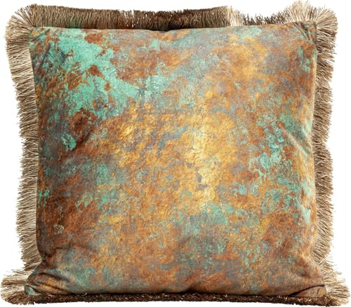 Kare Design Cojín Decorativo Leaves Fringe, Azul, Dorado, Hecho a Mano, con Cremallera, cojín de sofá, Cama, Silla, Estilo Floral, Asia, Flores, 45x45x12 cm