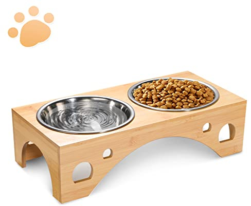 MMcRRx Futterstation für Katzen und Hunde,futterstation Hund, Ø17.5cm hundenapf Grosse Hunde aus Edelstahl, Hund Futternapf mit Bambus Ständer für Hunde & Katzennäpfe