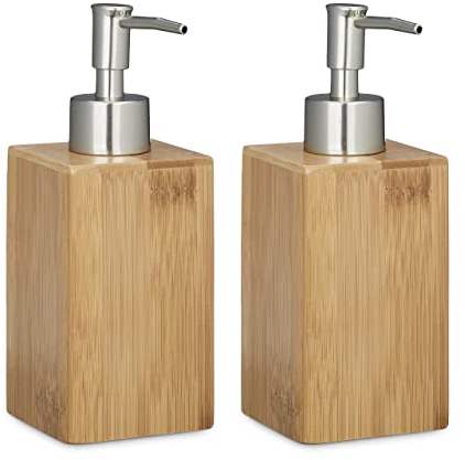 Relaxdays 2 x Seifenspender Bambus, eckig, manueller Pumpspender, HBT: 18 x 6,5 x 8 cm, nachfüllbar, Lotionspender, Natur