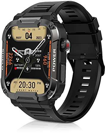 Carneedi Smartwatch Herren Militär, Anrufe tätigen/empfangen, IP68 Wasserdicht, Sportuhr mit 100+ Sportmodi, Outdoor Fitnessuhr für Android iOS (Schwarz)
