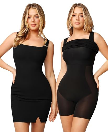 Popilush Summer Dress for Women Mini Slit Built in Shapewear Bra 8 in 1 Square Neck Bodycon Graduation Dresses Black