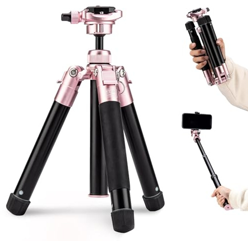Fotopro Mini stativ 60 tum lätt kompakt resestativ med 360 graders bollhuvud telefonmontering avtagbar selfiepinne, kameratelefon max belastning upp till 4 kg rosa