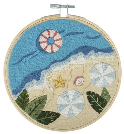 Trimits Kits de Broderie - Kit de Broderie 15cm 6 pouces, Kits Point de Croix pour Adultes, Kit de Démarrage avec Cerceau à Broder en Bambou, Tissu, Fils, Aiguille & Support - Plage