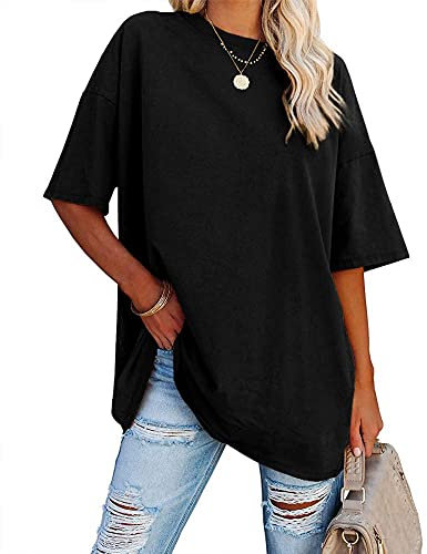 Ebifin Oversize T Shirt Damen Rundhals Kurzärmeliges Tops Casual Lockere Basic Sommer Tee Shirts Bluse.Schwarz.XL