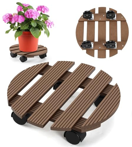 Ikodm 1 x WPC plantskoter, rund Ø 30 x 7,5 cm | blomrulle med hjul, rullunderlägg, lastkapacitet 80 kg | krukrulle för inomhus- och utomhusbruk | rullbräda för växter, blomkruka (brun)