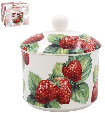 The Leonardo Collection Strawberry Field Sugar Bowl with Lid | Sugar Pot for All Homes & Offices | Ceramic Bowl with Lid for Sugar, Sweetener or Other Snacks
