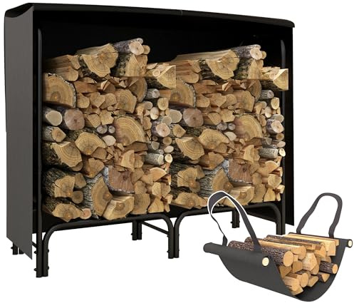 Outsunny 4FT Firewood Rack with Canvas Carrier Bag and 600D Oxford Waterproof Cover, Metal Log Store Indoors, Log Storage Rack Holder for Outdoor Indoor Fireplace, Black