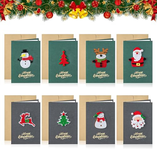 Allony Carte de Voeux Noel, Feutre 3D Carte de Noel avec Enveloppe, Joyeux Noël Cartes de Vœux, Joyeux Noël Cartes Postales pour Famille, Amis, 8 Pièces