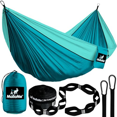 MalloMe Dubbel och enkel bärbar campinghängmatta – Fallskärm lätt nylon med Hammok trädband set – utrustning barntillbehör max 453 kg brytkapacitet – gratis 2 karbinhakar