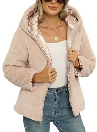 Giolshon Manteau matelassé pour femme avec doublure en sherpa, veste courte à capuche et fermeture éclair pour l'hiver B-07 Rosa M