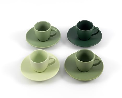 Hanseküche Set di 4 tazze da caffè in grès – Set di tazze da caffè di alta qualità, realizzate a mano e a parete spessa, in gres porcellanato, con piattini (verde opaco, 75 ml)