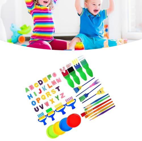 Wakects Juego de Pincel de Espuma, Kit de Herramientas de Pintura de Esponja para Niños, Kit Educativo Divertido con Letra Inglesa, Cepillo de Rodillo y Paleta de Colores, Estimula la Imaginación,