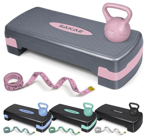 SAKAE Pink Step Aerobics Platform Set with Kettlebell & Measuring Tape, Aerobic Steppers for Exercise at Home, Adjustable Height 2 Level Risers Workout Step Trainer with Non-Slip Surface