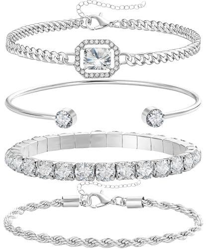 SIXDUTON 4 stycken armband kvinnor 14 karat guldpläterade armband kubisk zirkonia armband Figaro tennisarmband justerbara smycken set gåvor för kvinnor, Eine Grösse, Metall, Ingen ädelsten