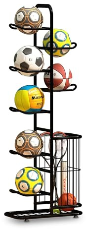 Portapalle Relaxdays, 7 palloni, con cesta, Metallo, HxLxP: 146 x 58 x 23,5 cm, Porta palloni per Basket, Calcio, Nero