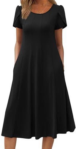Zeagoo Robe Femme Estivale Casual Manches Courtes avec Poches A‑Line Robe Midi Légère Élégante pour Printemps Été S-XXL