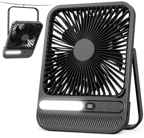 Nuerst 8000mAh Portable Travel Fan 7 inch, Max 28H Runtime, Rechargeable Battery Powered Desk Fan with LED Lantern, 180° Rotate Ultra-thin Silent USB Fan for Camping Bedroom Cruise RV (Black)