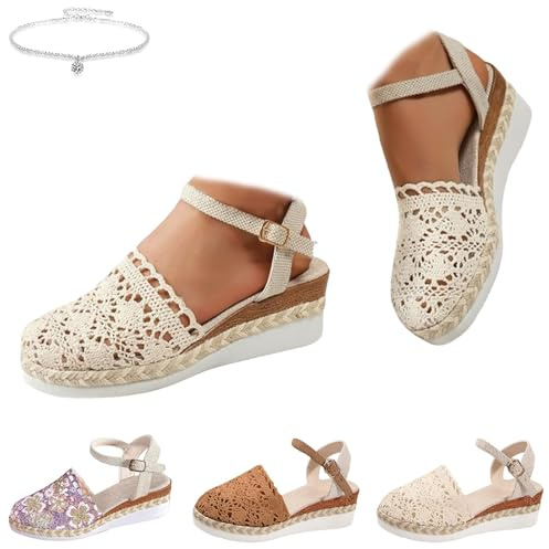 Espadrilles orthopédiques à bout fermé pour femme, espadrilles compensées en dentelle de style bohème avec sangle de cheville réglable, robe de plage, mariage, vacances, sandales à bout fermé