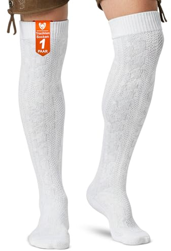 German Wear Chaussettes traditionnelles extra longues en coton à motif torsadé - Chaussettes au-dessus du genou - Convient aux pantalons courts en cuir - 70 cm, Blanc., 41-43