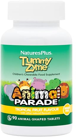 NaturesPlus Animal Parade Tummy Zyme Children’s Digestion Support - Active Enzymes, Lactase, Live Probiotics - Vegetarian, Gluten Free - Tropical Fruit Flavour, 90 Chewables
