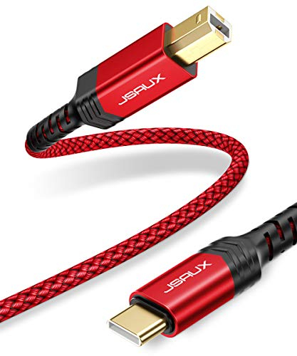 JSAUX USB B zu USB C Druckerkabel 3M, Nylon Geflochten, USB C MIDI Kabel Kompatibel mit MacBook Pro, HP, Epson, Canon, Brother, Lexmark, Xerox Drucker und Scanner-Rot