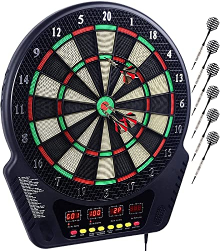 Eloklem Elektronische Dartscheibe Dardboard mit 4 LCD-Anzeige und Ladeadapter Geeignet, 6 Darts und 24 Pfeilkopf 27 Spiele mit 243 Spieloptionen Profi Elektronik Dartspiel E-Dart Board (Schwarz)