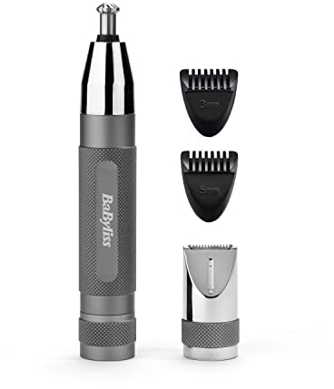 BaByliss Super-X Metal Precision Detail Trimmer - 3-in-1 Nose, Ear & Eyebrow Trimmer, 2 Attachments, 2 Comb Guides, Battery-Powered – E116E