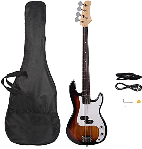 Bonnlo Electric Bass Guitar 4 Strings Full Size for Beginner Exquisite Basswood Burning Bass with Bag, Strap and Accessories (Sunset)
