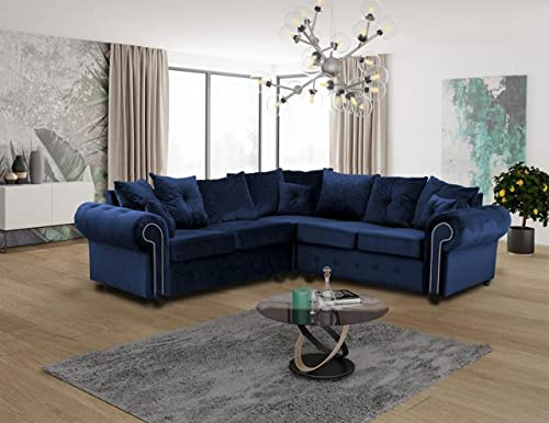 Huge Sale Corner Sofa & Couches - Scatter Back Cushions - Luxurious Large Blue Plush Fabric Corner Sofa - Modern Sofa Suite