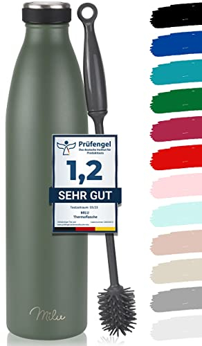 Milu Edelstahl Trinkflasche 350ml, 500ml, 750ml, 1L, 1.5L Thermosflasche, Isolierte Wasserflasche, Auslaufsichere Isolierflasche doppelwandig, Kohlensäure geeignet + Reinigungsbürste (Olivgrün, 1.5L)
