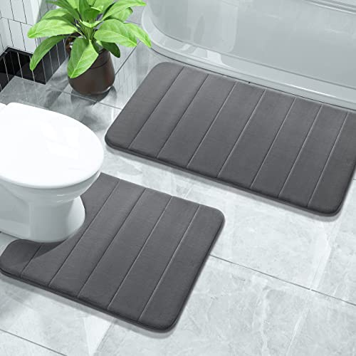 Yimobra Memory Foam Bath Mat Set, 2 Piece Soft Bathroom Rug,81x51 cm and 61x52 cm U-Shaped, Toilet Mat, Water Absorption, Non Slip, Thick, Dry Fast for Bathroom Floor Mat, Dark Gray