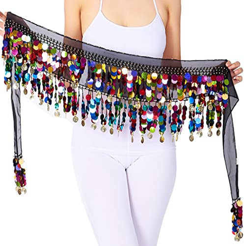 Wuchieal Damen Bauchtanz Hüfttuch Süße Bauchtanz Rock Wrap Performance Bling Pailletten Münzen Bauchtanz Kostüm, Schwarz mit bunten Münzen, Einheitsgröße