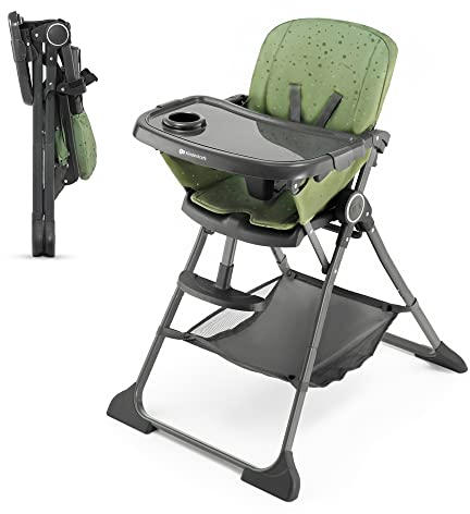 Kinderkraft FOLDEE Trona Bebé, ergonómica, cómoda, reclinable, plegable, reposapiés ajustable, bandeja doble desmontable, para niños pequeños, de 6 meses a 3 años, Verde