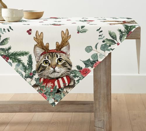 Artoid Mode Holly Eucalipto - Tovaglia natalizia con gatto di eucalipto | Biancheria da tavola invernale natalizia da cucina, decorazione per interni, vacanze e feste