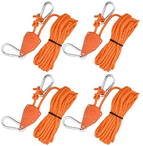 4pcs Reflective Tent Guy Ropes, 4mm Tent Camping Cord with Pulley, Heavy Duty Guide Rope with Aluminum Adjuster, Tent Guy Ropes Lines for Awning Outdoor Camping Gazebo Hiking Picnics (Orange)