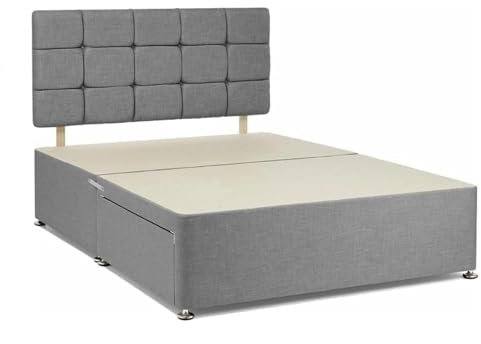 Divan Beds Deals | Stylish Grey Chenille Bed Frame | Bed Base with 20” High Cube Headboard and Optional Storage Drawers | Room Decore Frame (4FT Small Double- 2 Drawers)