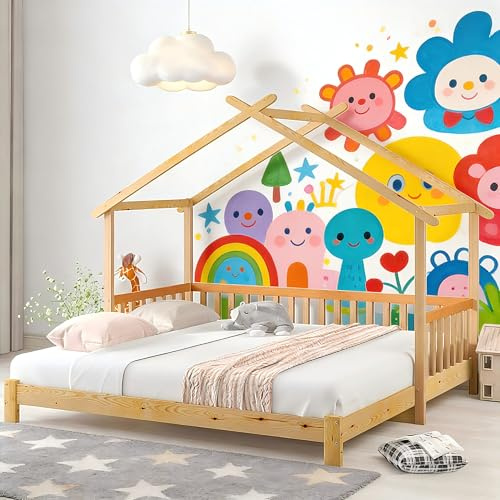 Soweiz Cama de Madera con Forma de casa, Cama Infantil con Valla de Seguridad, con cajones y Compartimentos de almacenaje. (Naturaleza 200x90cm)