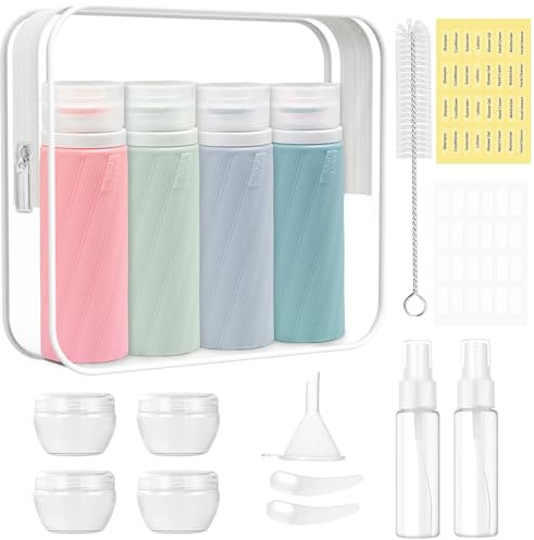 Bottiglie da Viaggio in Silicone 17 Pezzi Kit Contenitori Viaggio Liquidi, Flaconi Viaggio Ricaricabili per Lozione Shampoo Balsamo Gel Doccia Senza BPA, Approvato dalla FDA