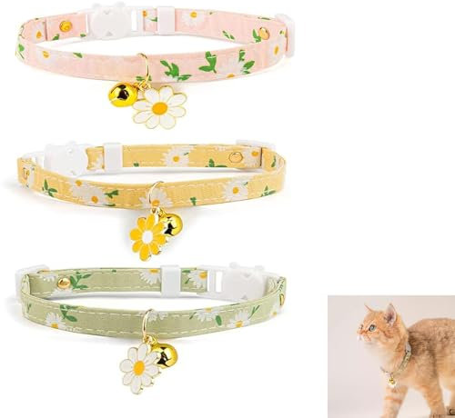 3 PCS Daisy Style Cat Collar with Quick Release Buckle, Flower Pattern Pet Collar for Kittens & Puppies (Yellow, Pink, Green)